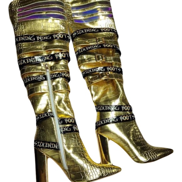 Gold Knee High Leather Boots - Picture 2 of 4